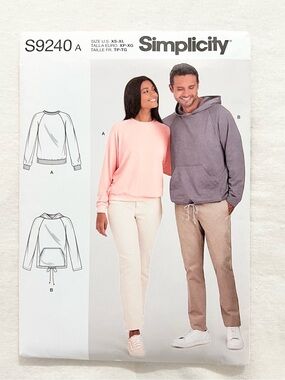 Simplicity S9240 Unisex Hoodie Sweatshirt Sewing Pattern XS-XL Uncut